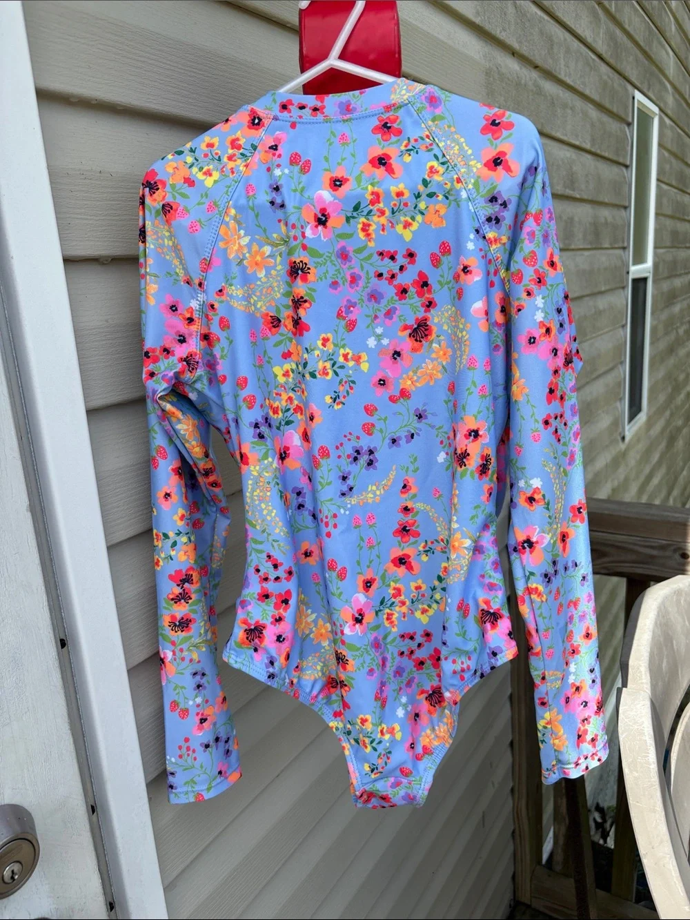 Girls Floral Long Sleeve Rash Guard Swim Suit - Blue with Pink Zip